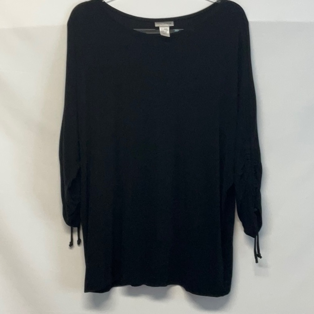 Chico’s Travelers Black Stretch Tunic Top 3/4 Sleeve Tie Wrist Size XL